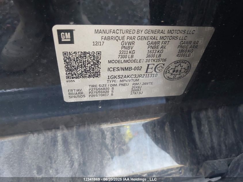 2018 GMC Yukon Sle VIN: 1GKS2AKC3JR211310 Lot: 12341869