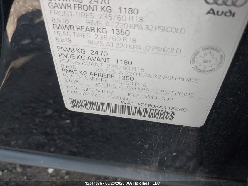 2011 Audi Q5 2.0T Premium Plus VIN: WA1LFCFP0BA118669 Lot: 12341876