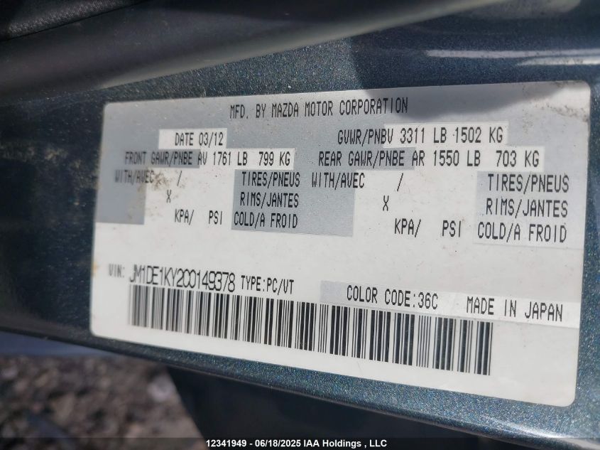 2012 Mazda Mazda2 VIN: JM1DE1KY2C0149378 Lot: 12341949