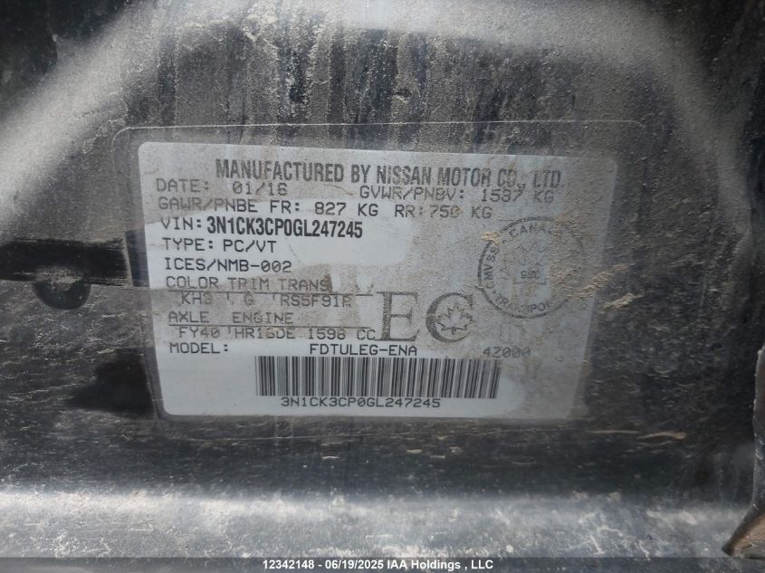 2016 Nissan Micra VIN: 3N1CK3CP0GL247245 Lot: 12342148