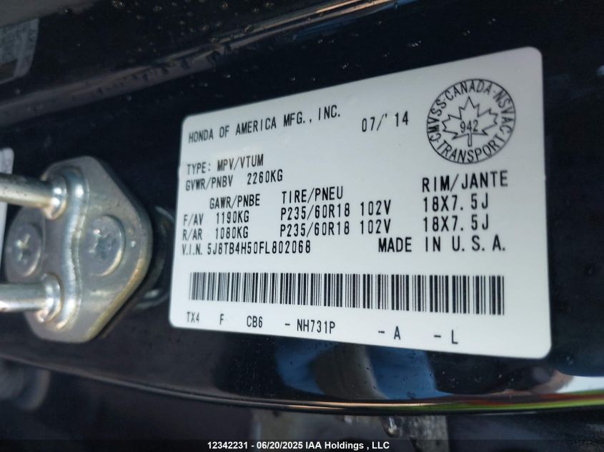 2015 Acura Rdx Tech Package VIN: 5J8TB4H50FL802068 Lot: 12342231