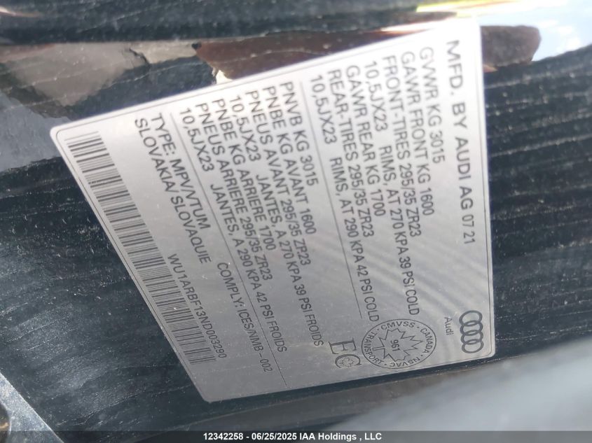 2022 Audi Rs Q8 4.0T VIN: WU1ARBF13ND003290 Lot: 12342258