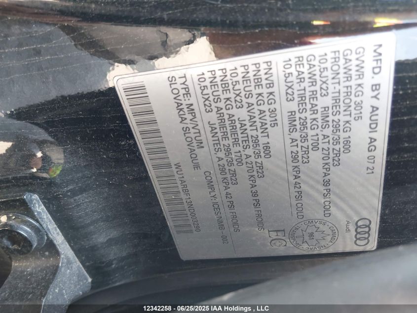 2022 Audi Rs Q8 4.0T VIN: WU1ARBF13ND003290 Lot: 12342258