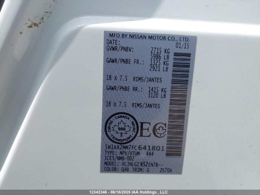 2015 Nissan Pathfinder S/Sv/Sl/Platinum VIN: 5N1AR2MM7FC641801 Lot: 12342346