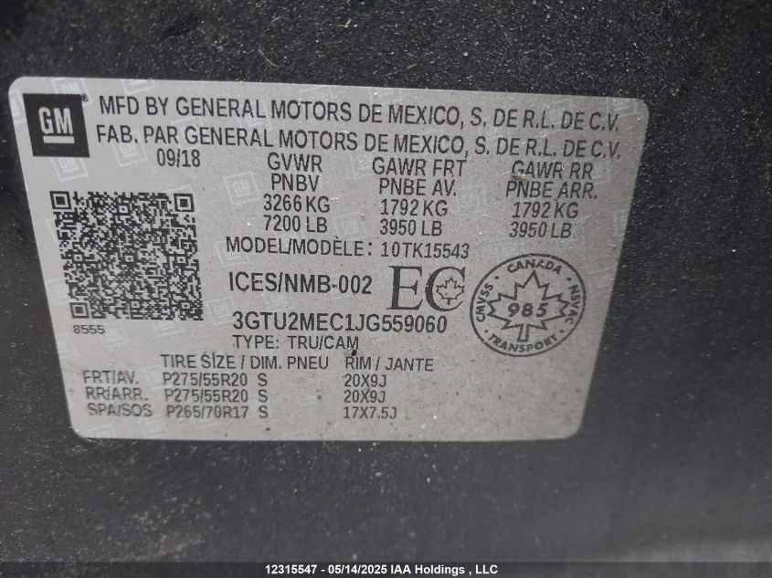 2018 GMC Sierra 1500 Sle VIN: 3GTU2MEC1JG559060 Lot: 12315547X