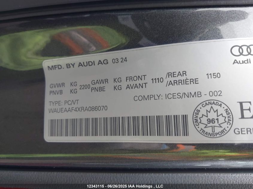 2024 Audi A4 45 Progressiv VIN: WAUEAAF4XRA086070 Lot: 12343115