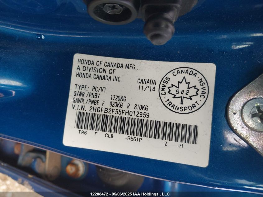 2015 Honda Civic Ex 4Dr VIN: 2HGFB2F55FH012959 Lot: 12288472X