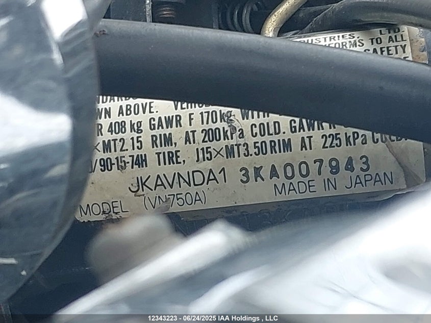 1989 Kawasaki Vn750 VIN: JKAVNDA13KA007943 Lot: 12343223