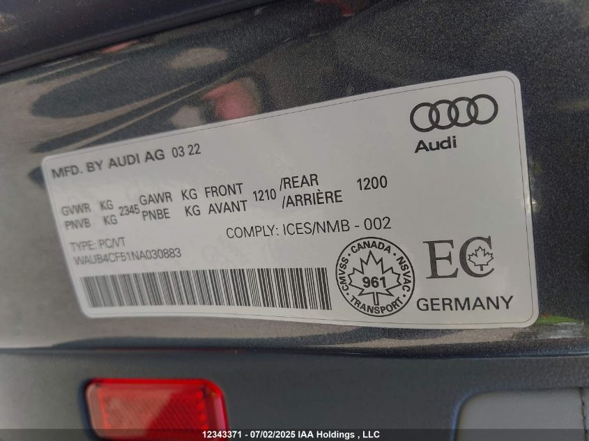 2022 Audi S5 Prestige VIN: WAUB4CF51NA030883 Lot: 12343371