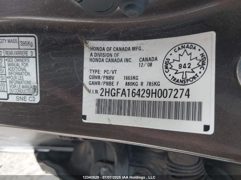 2009 Honda Civic Sdn VIN: 2HGFA16429H007274 Lot: 12343520