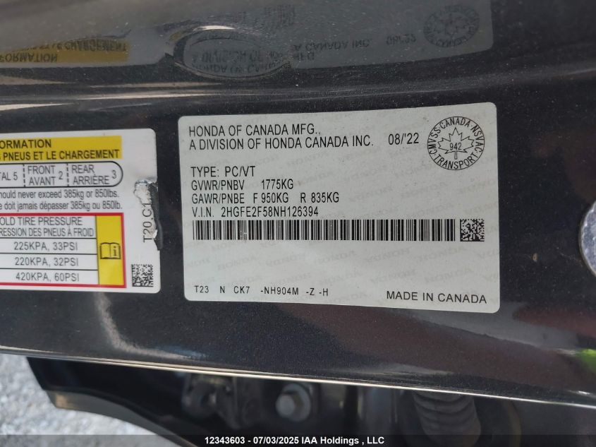 2022 Honda Civic Sport VIN: 2HGFE2F58NH126394 Lot: 12343603