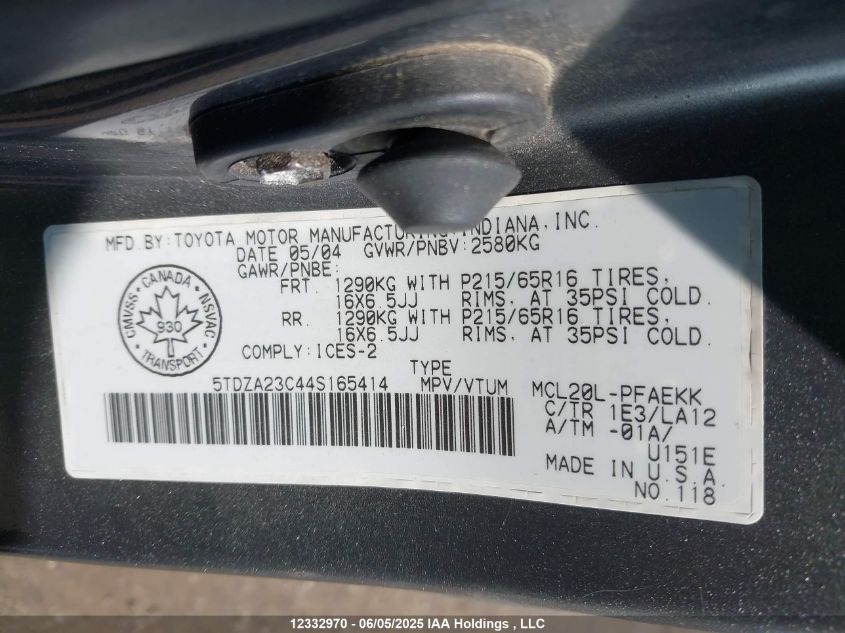 2004 Toyota Sienna Le V6 VIN: 5TDZA23C44S165414 Lot: 12332970X