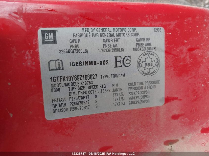 2009 GMC Sierra 1500 Wt/Sl VIN: 1GTFK19Y89Z168027 Lot: 12335787X