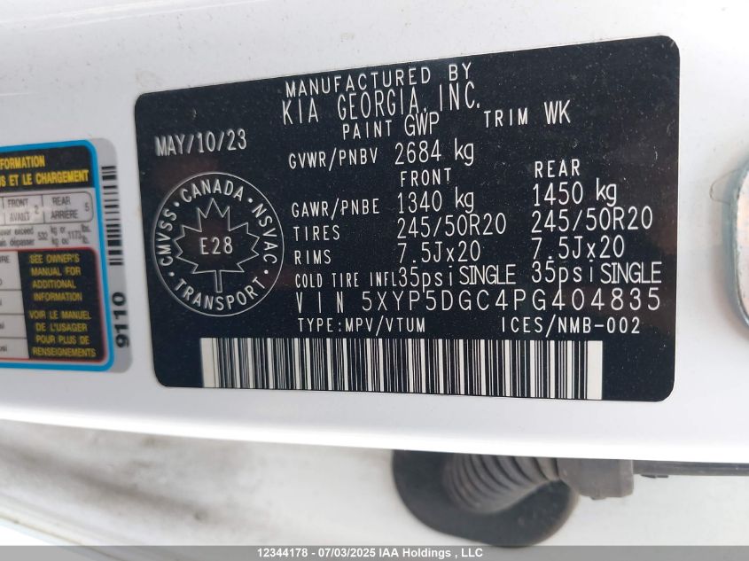 2023 Kia Telluride Sx/Sx Limited/X-Line/X-Pro VIN: 5XYP5DGC4PG404835 Lot: 12344178