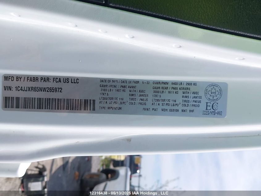 2022 Jeep Wrangler 4Xe Unlimited Rubicon VIN: 1C4JJXR65NW265972 Lot: 12316438X