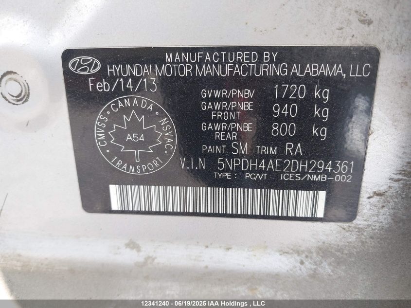 2013 Hyundai Elantra L VIN: 5NPDH4AE2DH294361 Lot: 12341240X