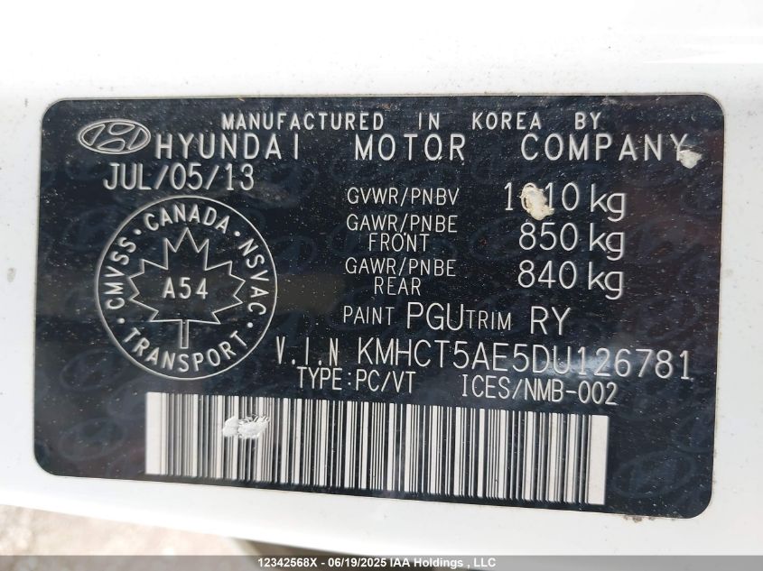 2013 Hyundai Accent Gl VIN: KMHCT5AE5DU126781 Lot: 12342568X