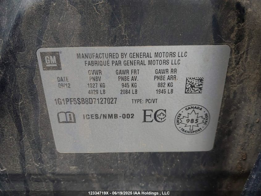 2013 Chevrolet Cruze Lt Turbo VIN: 1G1PF5SB8D7127027 Lot: 12334719X