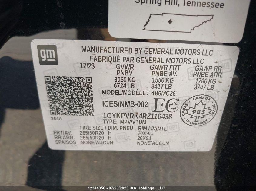 2024 Cadillac Lyriq Sport 2 Rwd VIN: 1GYKPVRK4RZ116438 Lot: 12344350