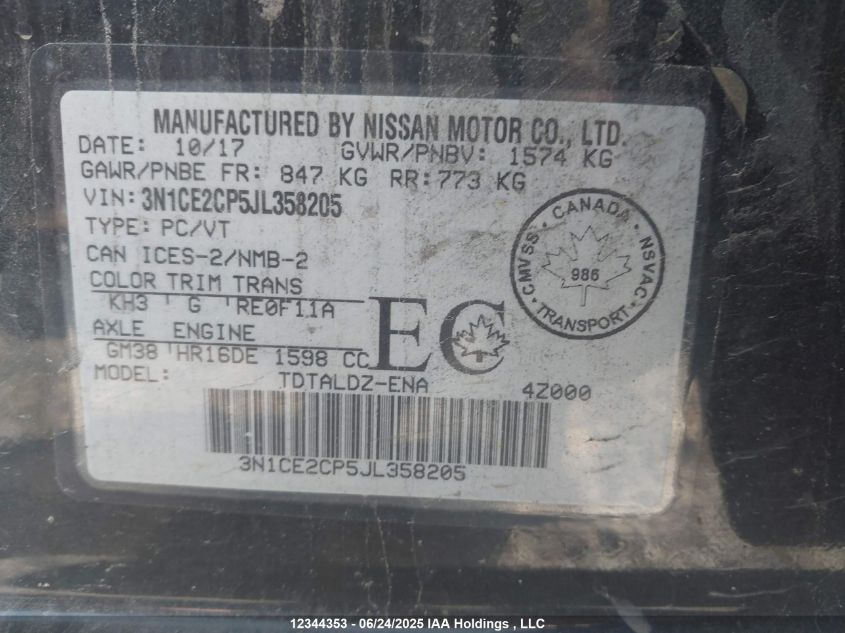 2018 Nissan Versa VIN: 3N1CE2CP5JL358205 Lot: 12344353