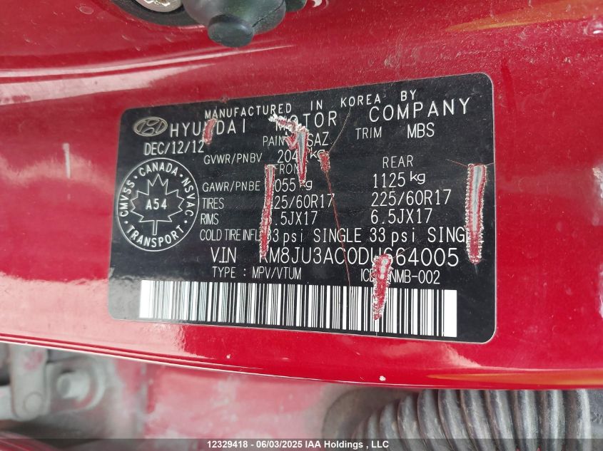 2013 Hyundai Tucson Gls VIN: KM8JU3AC0DU664005 Lot: 12329418X