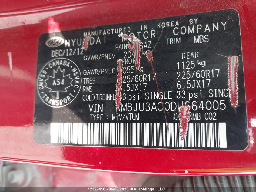 2013 Hyundai Tucson Gls VIN: KM8JU3AC0DU664005 Lot: 12329418X