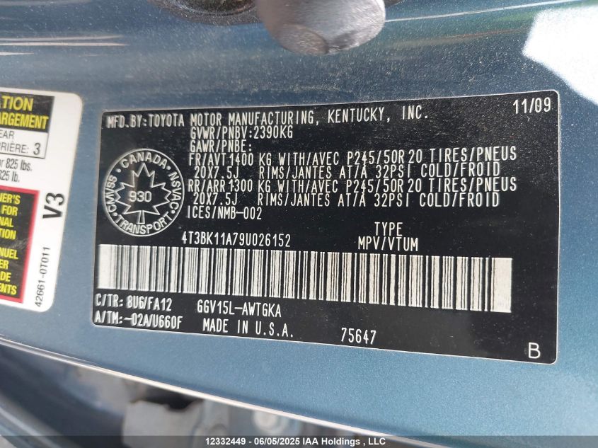 2009 Toyota Venza Base V6 VIN: 4T3BK11A79U026152 Lot: 12332449X