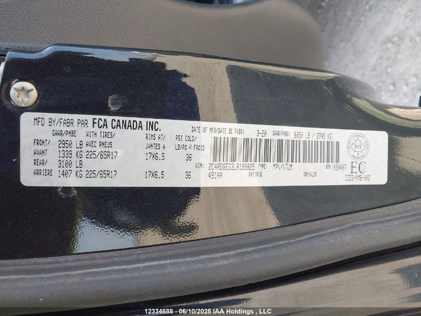 2020 Dodge Grand Caravan Gt VIN: 2C4RDGEG3LR199825 Lot: 12334688X