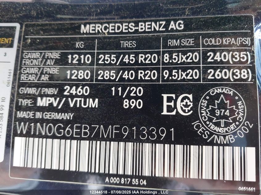 2021 Mercedes-Benz Amg Glc 43 4Matic VIN: W1N0G6EB7MF913391 Lot: 12344518