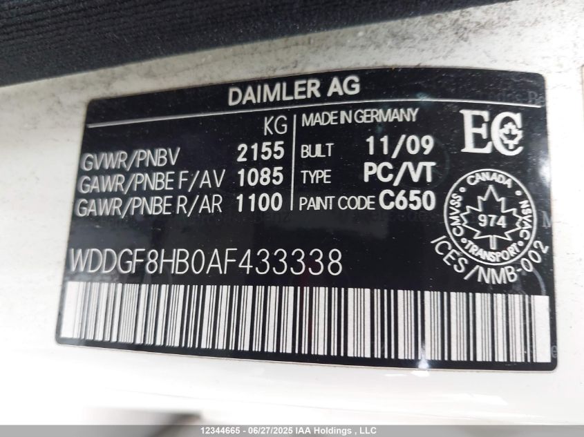 2010 Mercedes-Benz C 350 4Matic VIN: WDDGF8HB0AF433338 Lot: 12344665