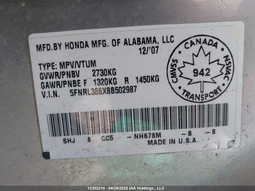2008 Honda Odyssey Exl VIN: 5FNRL386X8B502987 Lot: 12302214X