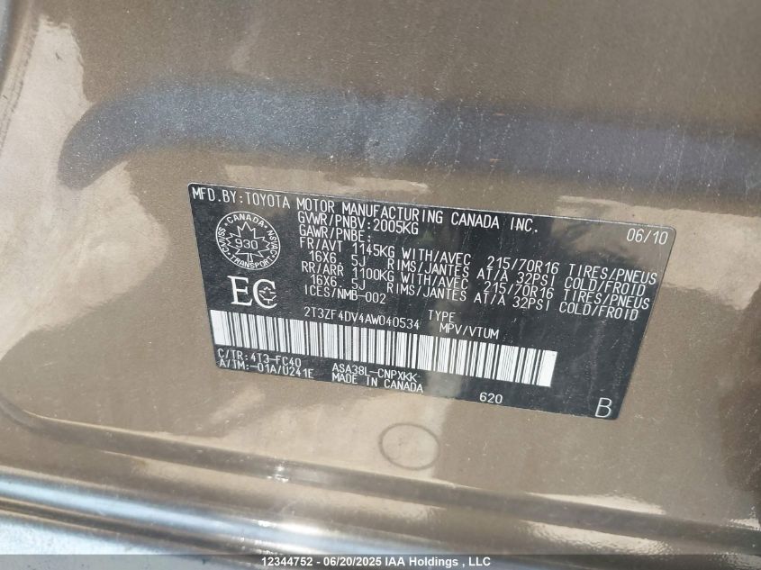 2010 Toyota Rav4 VIN: 2T3ZF4DV4AW040534 Lot: 12344752