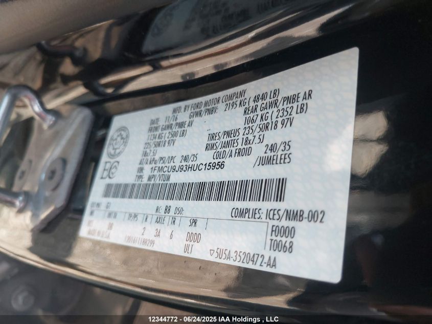 2017 Ford Escape Titanium VIN: 1FMCU9J93HUC15956 Lot: 12344772