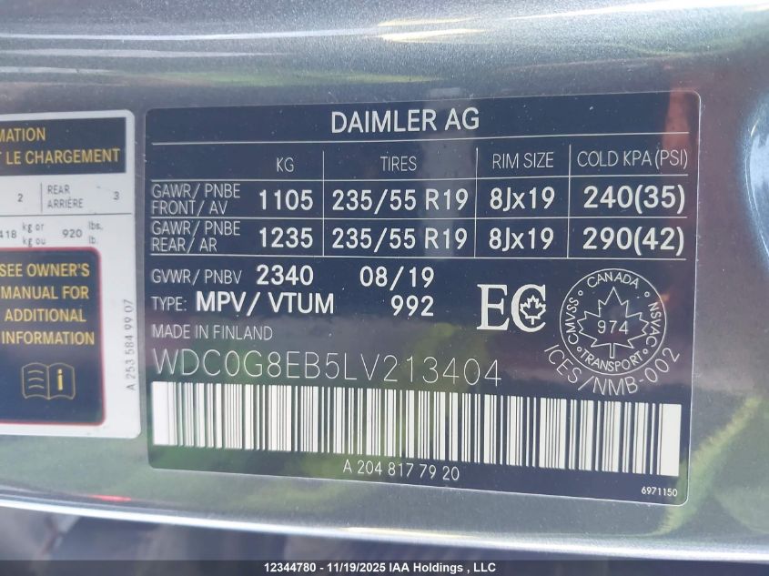 2020 Mercedes-Benz Glc VIN: WDC0G8EB5LV213404 Lot: 12344780