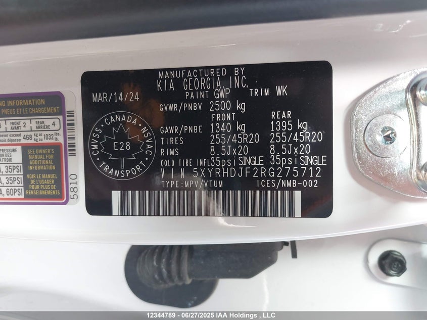 2024 Kia Sorento Ex/X-Line Ex VIN: 5XYRHDJF2RG275712 Lot: 12344789