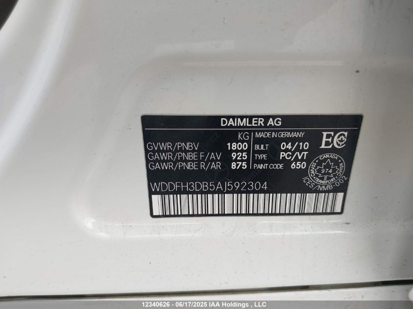 2010 Mercedes-Benz B 200 VIN: WDDFH3DB5AJ592304 Lot: 12340626X