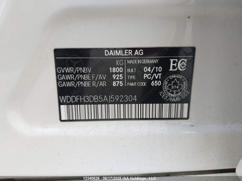 2010 Mercedes-Benz B 200 VIN: WDDFH3DB5AJ592304 Lot: 12340626X