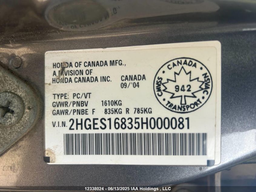 2005 Honda Civic Si Si VIN: 2HGES16835H000081 Lot: 12338024X