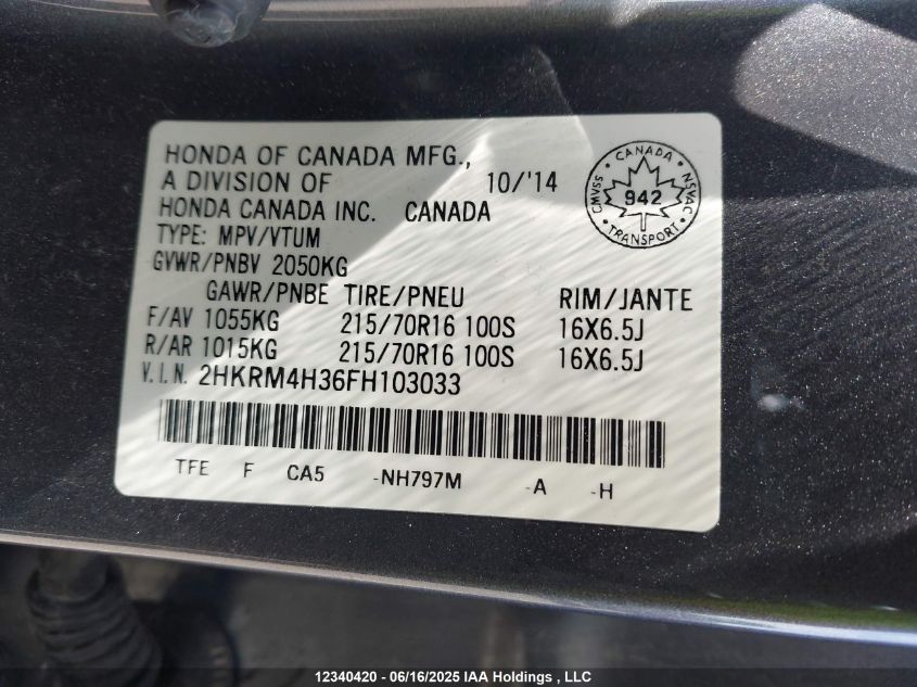 2015 Honda Cr-V Lx VIN: 2HKRM4H36FH103033 Lot: 12340420X