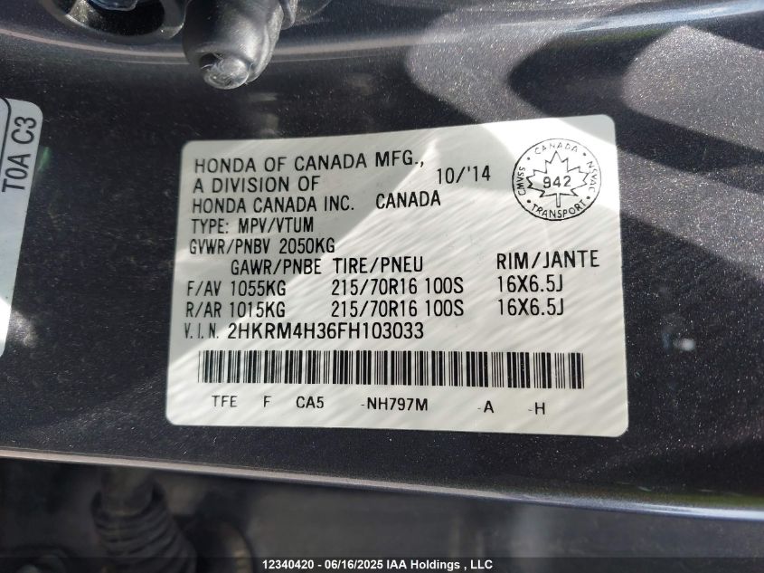 2015 Honda Cr-V Lx VIN: 2HKRM4H36FH103033 Lot: 12340420X