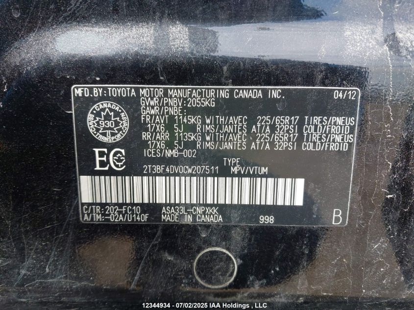 2012 Toyota Rav4 VIN: 2T3BF4DV0CW207511 Lot: 12344934