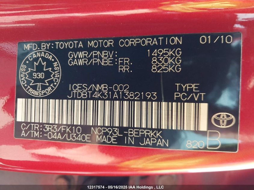 2010 Toyota Yaris VIN: JTDBT4K31A1382193 Lot: 12317574X