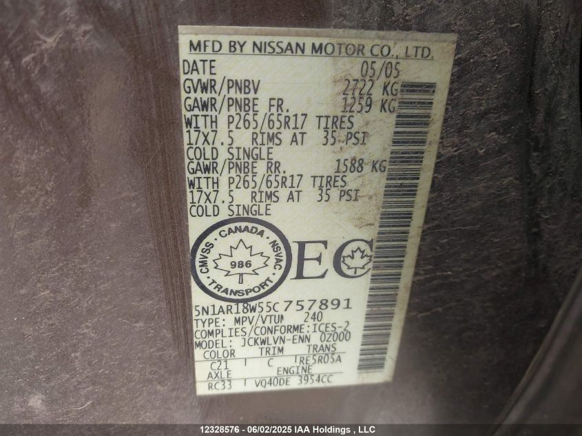 2005 Nissan Pathfinder Le VIN: 5N1AR18W55C757891 Lot: 12328576X