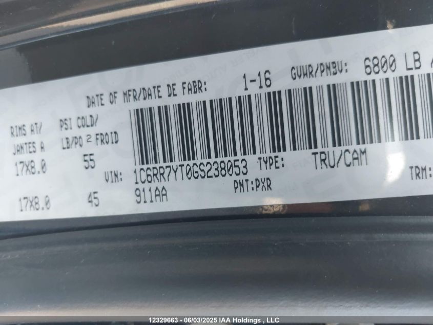 2016 Ram 1500 Rebel VIN: 1C6RR7YT0GS238053 Lot: 12329663X