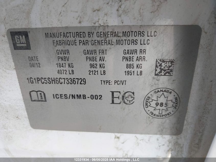 2012 Chevrolet Cruze Ls VIN: 1G1PC5SH6C7336729 Lot: 12331934X