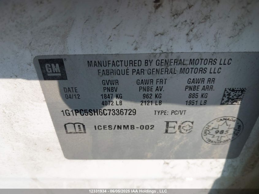 2012 Chevrolet Cruze Ls VIN: 1G1PC5SH6C7336729 Lot: 12331934X