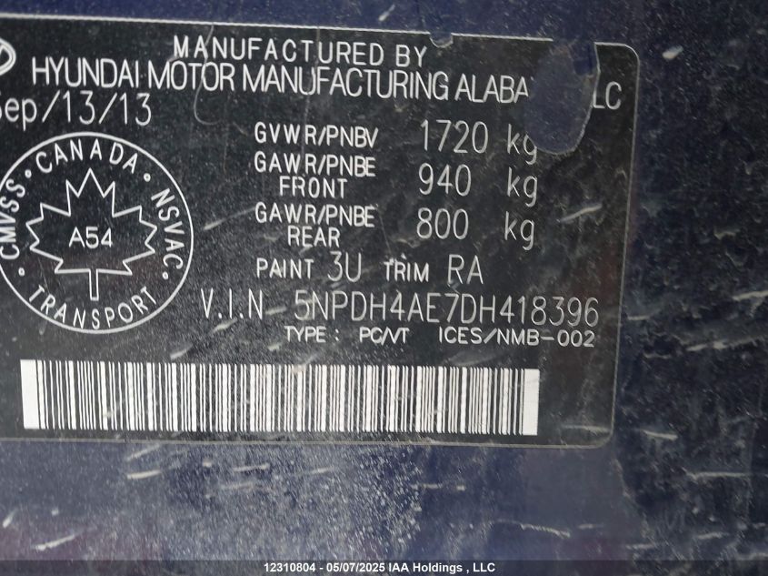 2013 Hyundai Elantra Gl VIN: 5NPDH4AE7DH418396 Lot: 12310804X