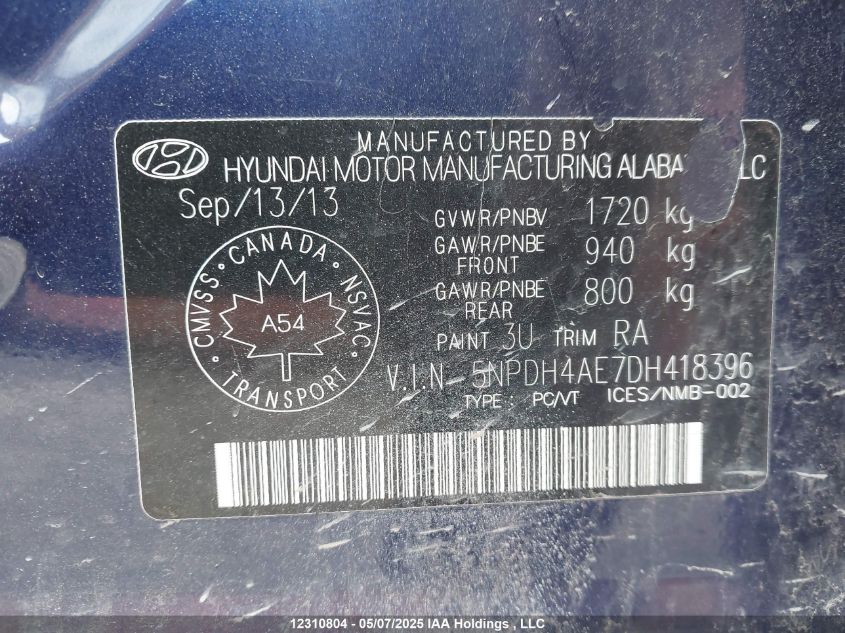 2013 Hyundai Elantra Gl VIN: 5NPDH4AE7DH418396 Lot: 12310804X