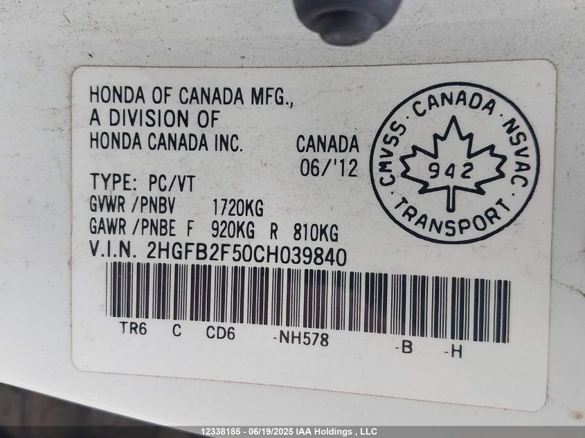 2012 Honda Civic Ex VIN: 2HGFB2F50CH039840 Lot: 12338185X