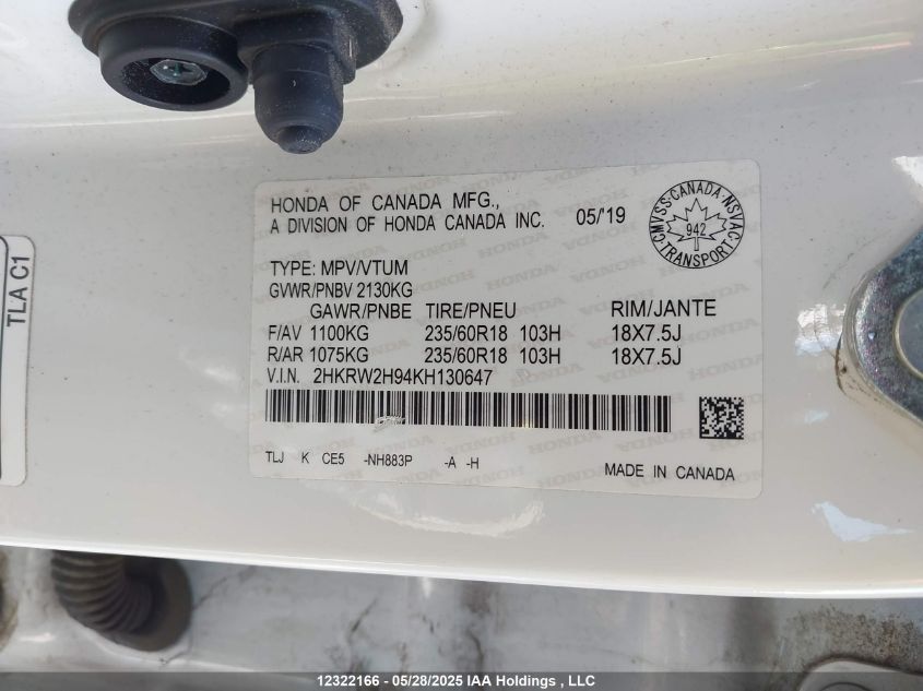 2019 Honda Cr-V Touring VIN: 2HKRW2H94KH130647 Lot: 12322166X